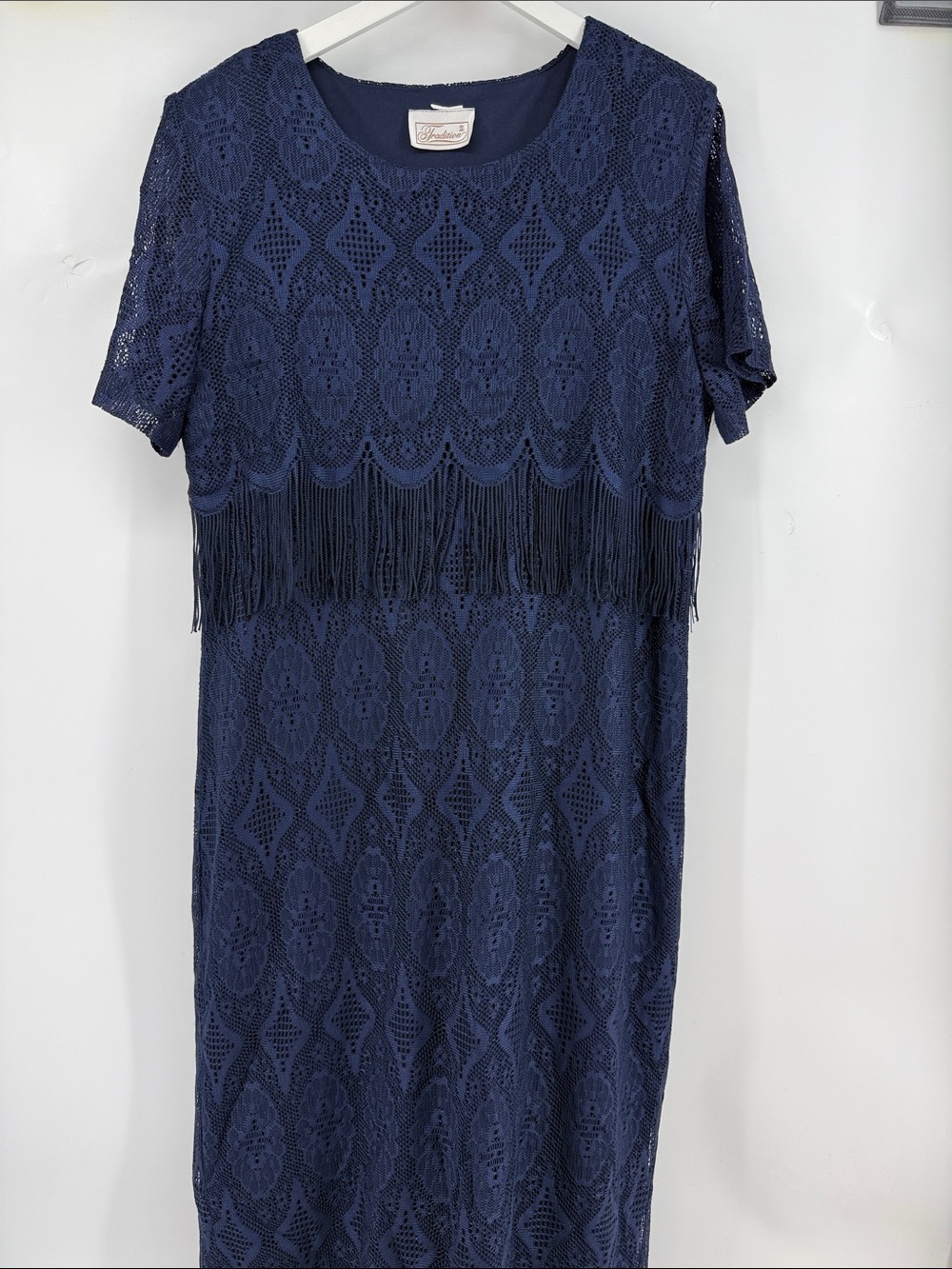 TRADITION Women’s Navy Lace Fringe Short Sleeve Top